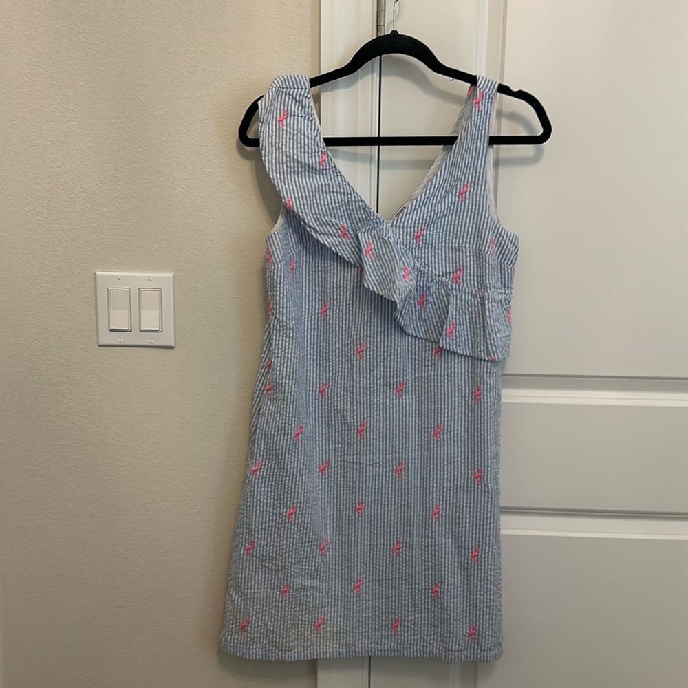 Crown and Ivy blue and white pink flamingo seersucker dress and ruffles pockets